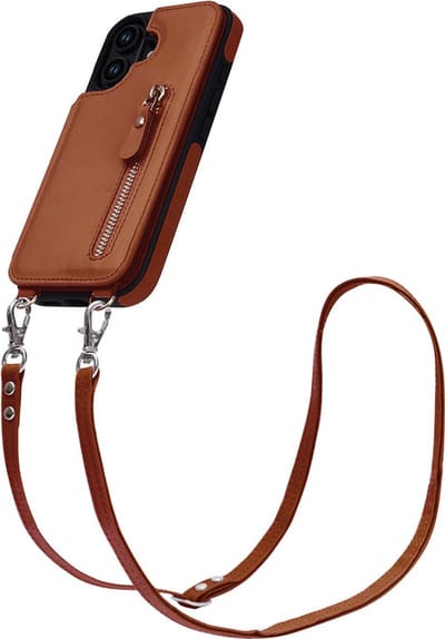 CaseBoutique Backcase hoesje geschikt voor iPhone 16 - Effen Cognac - Kunstleer - met Crossbody Koord, Pashouder & Ritsvakje