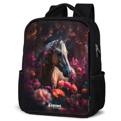 NoBoringSuitcases.com® - Rugzak zwart - Schooltas jongen & meisje - Paars - Paard - Bloemen - Rugtas voor school - Boekentas kind - Schoolrugzak - Kinderrugzak