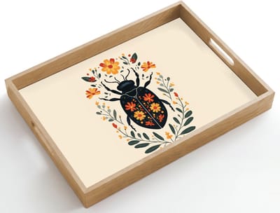 Dienblad hout 50x35 cm - Schootdienblad - Bloemen - Oranje - Planten - Sierlijk - Borrelplank rechthoek - Plateau dienbladen