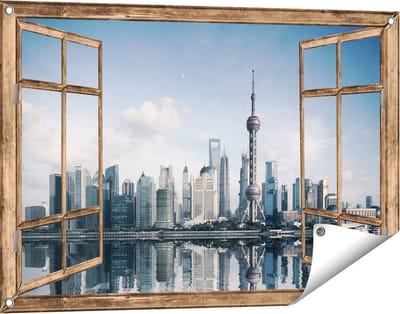 Gards Tuinposter Doorkijk Shanghai Skyline in China - 90x60 cm - Tuindoek - Tuindecoratie - Wanddecoratie buiten - Tuinschilderij