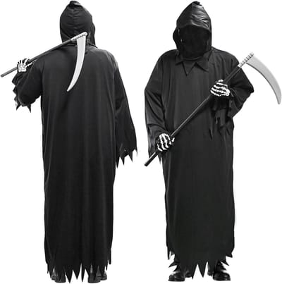Halloween Kostuum voor Mannen - Grim Reaper Outfit met Hoofdmasker, Sikkels en Handschoenen, Eng Kostuum voor Volwassenen