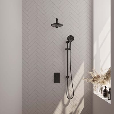 Brauer Black Edition thermostatische inbouw regendouche 3-weg omstelling SET 43 met 20 cm douchekop en rechte muurarm en 3-standen handdouche en doucheslang en geïntegreerde glijstang mat zwart