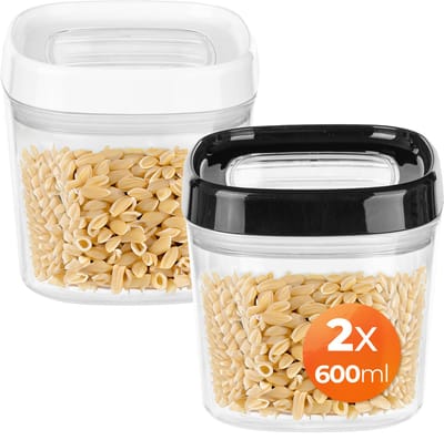 KADAX Voorraaddoos, transparante opbergdoos van kunststof, luchtdichte voorraaddoos met deksel, voorraaddozen voor meel, muesli, suiker en pasta (set van 2: 600 ml, wit en zwart)