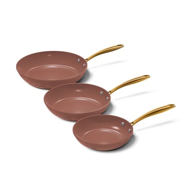 Cook & Pan 3-Delige Koekenpan Pannenset Sienna Ø 20, 24 & 28 cm Roze met Gouden Handgrepen - PFAS vrij - Alle Warmtebronnen - Koekenpannenset - Krasbestendige Anti Aanbaklaag - Vaatwasserbestendig - Gas, Inductie, Elektrisch, Oven - Koekenpan Set