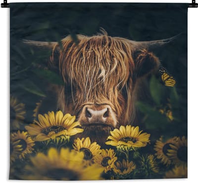 Wandkleed - Wanddoek - Schotse hooglander - Bloemen - Koe - Botanisch - Dieren - 180x180 cm - Wandtapijt