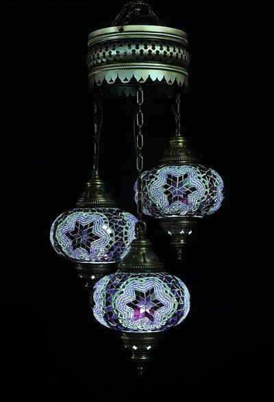 Turkse lamp - hanglamp paars - 3 bollen - mozaïek glas - handgemaakt 80 cm