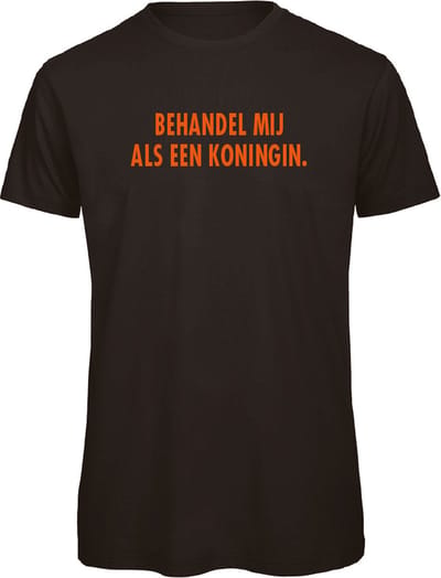 T-shirt zwart L - Behandel mij als een koningin - soBAD. - Koningsdag - Oranje shirt dames - Oranje shirt heren - Unisex - Regular fit