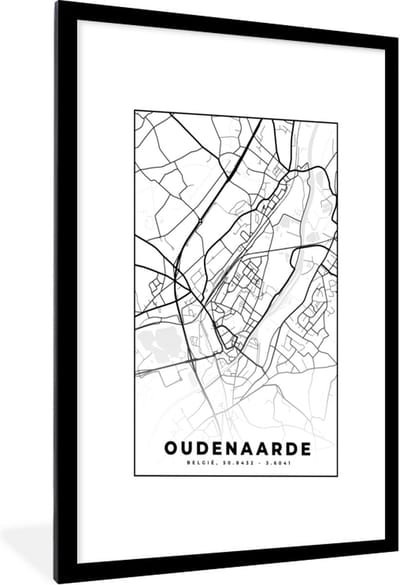 Fotolijst incl. Poster Zwart Wit- Zwart Wit – België – Plattegrond – Stadskaart – Kaart – Oudenaarde - 60x90 cm - Posterlijst