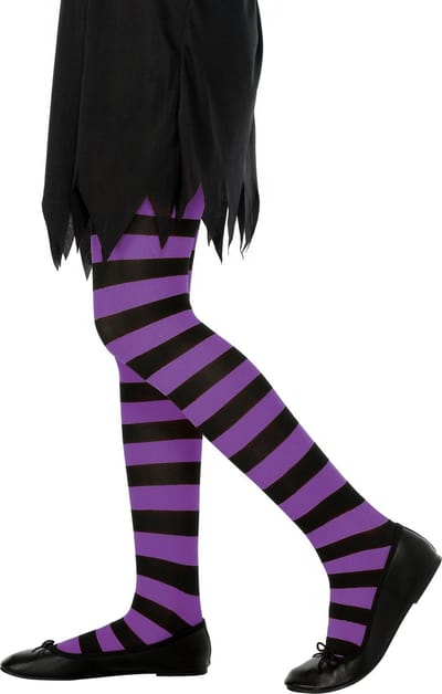 Carnaval verkleed panty voor kinderen - Gestreept - paars/zwart - one size 6 tot 12 jaar - Heksen