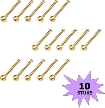 Fako Bijoux® - Neuspiercing - Stud - Staafje RVS - Staal - 2mm - Goudkleurig - 10 Stuks