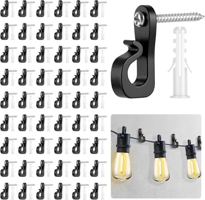 Set van 55 Schroefhaken met Veiligheidsgespen voor het Ophangen van Sfeerverlichting, Tuinverlichting en Binnenverlichting aan Planten en Hekken