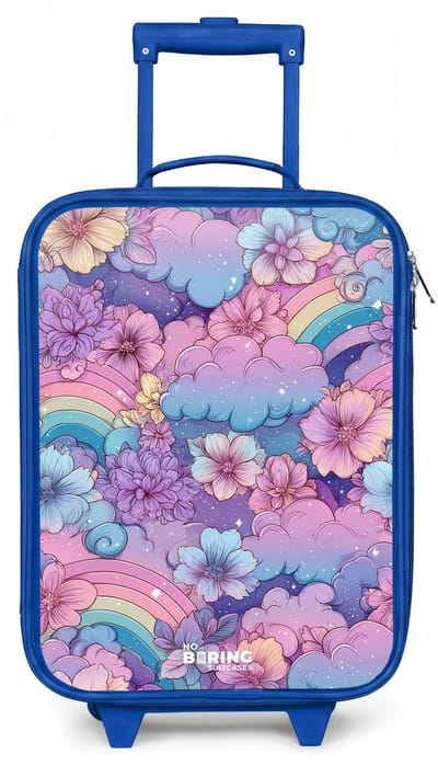 NoBoringSuitcases.com® - Kinderkoffer blauw - Kindertrolley jongen - Illustratie van wolken, regenbogen en bloemen - Koffer kind lichtgewicht - Reiskoffer trolley voor kinderen - Koffertje met lichtgevende wieltjes - Rolkoffer