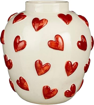 Mica Decorations vaas harten - H33 x D30 cm - Keramiek - Wit/rood - bloemenvaas - hartjes