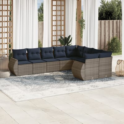 vidaXL - 9-delige - tuinbankset - met - kussens, - grijs - polyrotan