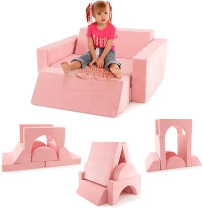 COSTWAY Modulaire kinderbank, speelbank, modulaire bank met afneembare overtrek, peuterbank voor speelkamer en kinderkamer om te spelen, vorm te geven en te slapen