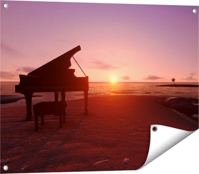 Gards Tuinposter Piano op het Strand bij Zonsondergang - 80x60 cm - Tuindoek - Tuindecoratie - Wanddecoratie buiten - Tuinschilderij