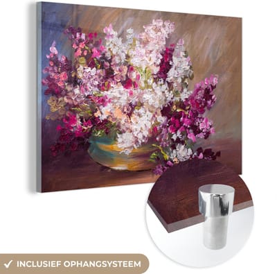 MuchoWow® Glasschilderij 60x40 cm - Schilderij acrylglas - Olieverf - Lilac - Kleuren - Foto op glas - Schilderijen
