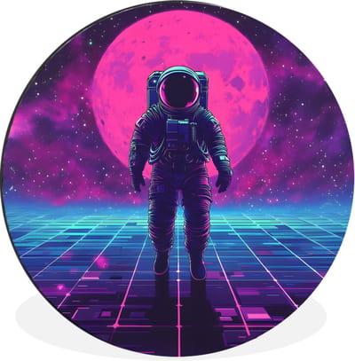WallCircle - Wandcirkel - Muurcirkel - Astronaut - Maan - Roze - Sterrennevels - Aluminium - Dibond - 30x30 cm - Binnen en Buiten