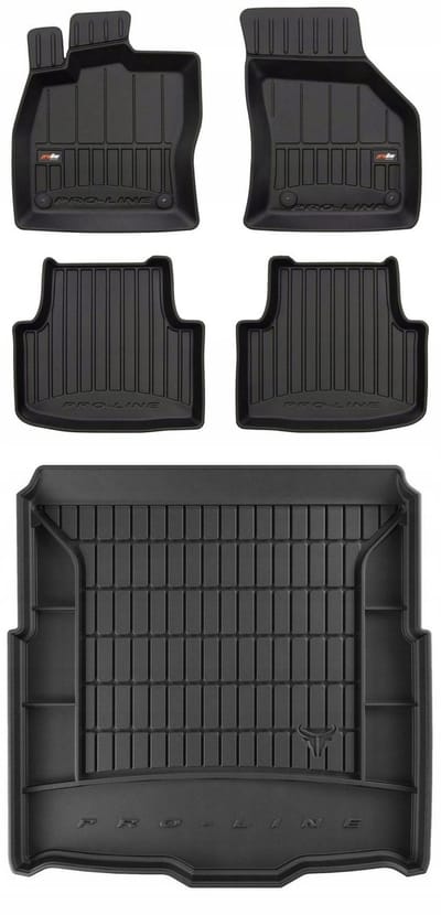 Frogum ProLine Complete Set: Luxe Rubberen Automatten + Kofferbakmat - Geschikt voor VW Golf 8 Variant (Kombi) vanaf 2019 - Lage laadvloer met organizer - Perfecte Pasvorm - Geurloos TPE - Zwart