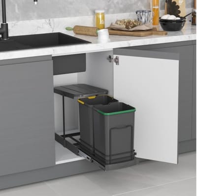 Emuca Afvalbak 2x12 Liter – Inbouw Prullenbak – Uittrekbare afvalemmer – Geschikt voor deurbreedte 28 cm, inbouwdiepte 46 cm & Kasthoogte 42 cm – Antraciet