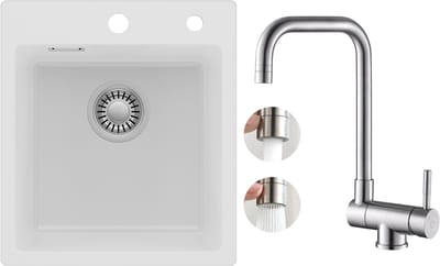 Auralum max Spoelbak voor keuken 40x45CM - Graniet Spoelbakken Met Opvouwbaar keukenkraan - Enkele spoelbak Wit - Met waterafvoersysteem - Voor 40 cm kast