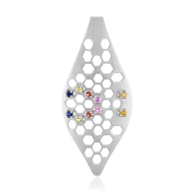 Cavill - Zilveren Hanger - 925 Sterling Zilver Geplatineerd - 0,39 ct Gele en Blauwe Saffieren uit Madagaskar - Modern Honingraat Design 47mm