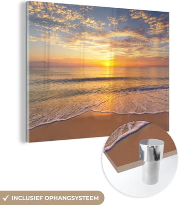 MuchoWow® Glasschilderij 160x120 cm - Schilderij acrylglas - Strand - Kleuren - Zon - Foto op glas - Muurdecoratie woonkamer - Wanddecoratie slaapkamer - Schilderijen