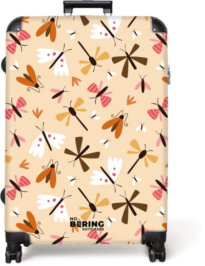 NoBoringSuitcases.com® - Koffer groot - Reiskoffer lichtgewicht - Insectenpatroon in bruin, roze en oranje op beige achtergrond - Rolkoffer met 4 wielen - Grote trolley XL - 98 liter bagage