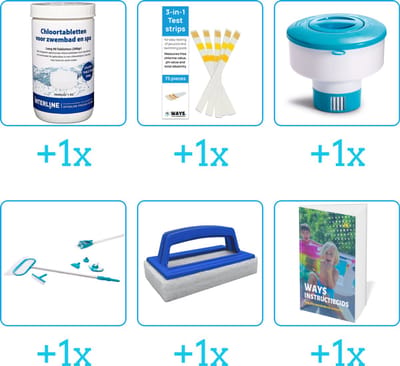 Zwembad Onderhoudspakket - Onderhoud Zwembad - bevat Chloor - Testrips - Chloordrijver - Schoonmaakset - Scrubborstel en Zwembadgids (6-delig)