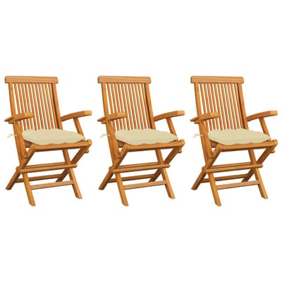 vidaXL - Inklapbare - stoelen - 3 - st - met - crèmewitte - kussens - massief - teakhout