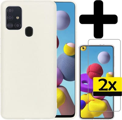 Hoesje - Met 2x Screenprotector - Geschikt voor Samsung Galaxy A21s - Sterk & Shockproof - Back Cover - Siliconen Case - Telefoon Hoes - Telefoonhoesjes - Wit