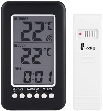 Digitale thermometer voor binnen en buiten, lcd met klok, draadloze temperatuurmeting, binnen- en buitentemperatuurweergave, minimum/maximale waarden
