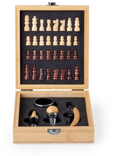 Bamboe Schaakset met Wijnaccessoires – Elegante Cadeauset voor Wijnliefhebbers en Schaakfans