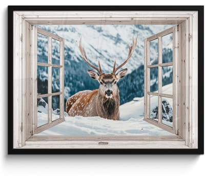 Poster in lijst - Fotolijst 70x50 cm - Posters - Hert - Winterlandschap - Natuur - Dieren - Doorkijk - Bergen - Posterlijst zwart - Decoratie - Wanddecoratie woonkamer - Muurdecoratie slaapkamer