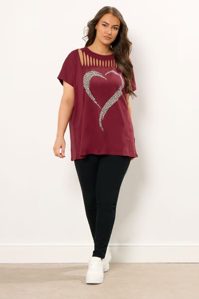 Yours Bordeauxrode Luipaardprint Top Met Hartvormige Streepdetail Size 44