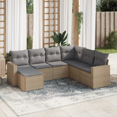 vidaXL - 7-delige - Loungeset - met - kussens - poly - rattan - beige
