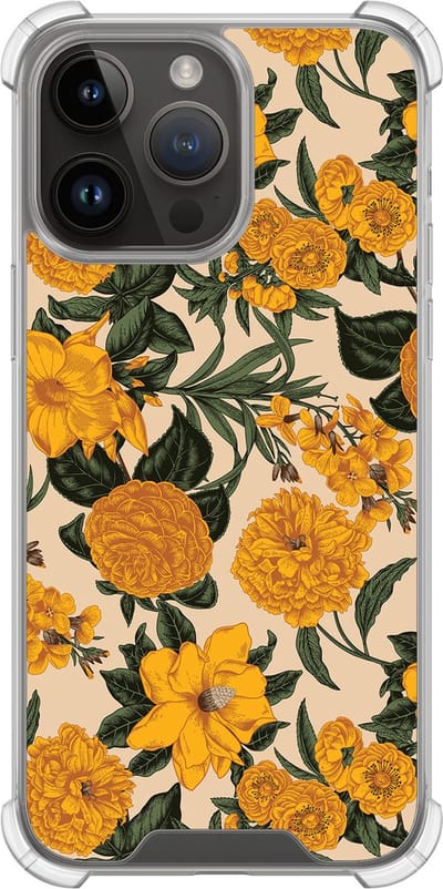 Shockproof hoesje - Geschikt voor iPhone 14 Pro Max - Retro flowers - Extra sterke case - TPU/polycarbonaat - Bloemen - Geel, Transparant