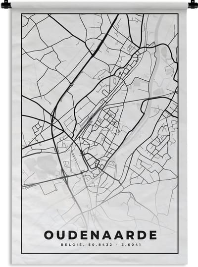 Wandkleed - Wanddoek - Zwart Wit – België – Plattegrond – Stadskaart – Kaart – Oudenaarde - 120x180 cm - Wandtapijt
