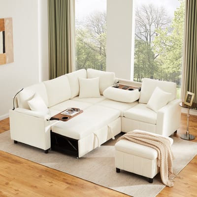 L-Bank, 4-Zits Bank, Hoekbank van chenille met Slaapfunctie, Uittrekbare Bank met Voetenbank, Leeslamp, USB Type-C, Voorzien van een Verborgen tafel, Uitklapbare Salontafel met Twee Bekerhouders, Beige, 205×205×85 cm