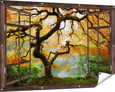 Gards Tuinposter Doorkijk Oude Knoestige Boom - 150x100 cm - Tuindoek - Tuindecoratie - Wanddecoratie buiten - Tuinschilderij