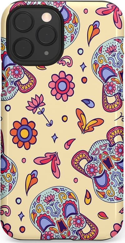 Casetastic hoesje geschikt voor Apple iPhone 11 Pro - Dubbellaagse bescherming - Dia de los Muertos Doodshoofd Bloemen - Fashion Case - Crème Lila Zilver