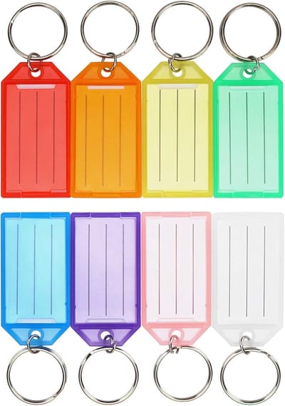 16 stuks plastic sleutelhangers, sleutellabels met ring en labelvenster, 8 kleuren