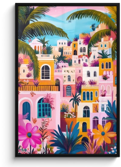 Poster in lijst - Fotolijst 80x120 cm - Posters - Kleurrijk - Roze - Oranje - Geel - Bloemen - Posterlijst zwart - Decoratie - Wanddecoratie woonkamer - Muurdecoratie slaapkamer