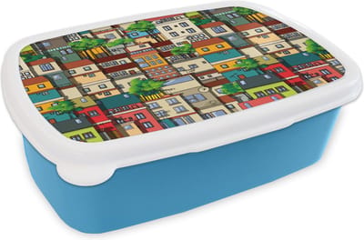 Broodtrommel Blauw - Lunchbox - Brooddoos - Patronen - Huis - Boom - Jongens - Kinderen - Kids - 18x12x6 cm - Kinderen - Jongen