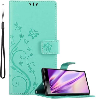 Cadorabo Hoesje geschikt voor Sony Xperia 10 / Xperia XA3 in BLOEMEN TURKOOIS - Beschermhoes in bloemmotief met magnetische sluiting, standfunctie en kaartsleuven Book Case Cover Etui