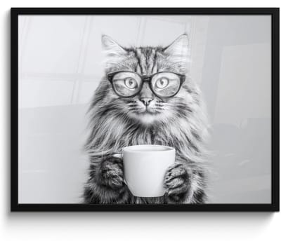 Poster in lijst - Fotolijst 70x50 cm - Posters - Kat - Bril - Mok - Pluizig - Posterlijst zwart - Decoratie - Wanddecoratie woonkamer - Muurdecoratie slaapkamer