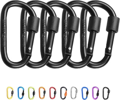 Set van 5 Vergrendelbare Carabiners - 7.8 cm D-Ring in Zwart Aluminium voor Kamperen, Wandelen en Vissen