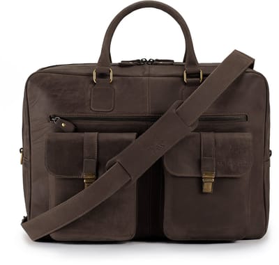 DE LAMASSU® ( Kian ) leren laptoptas 17 inch – unisex XL business tas met trolleyband, 2 voorvakken & schouderriem – grote leren aktetas voor kantoor, werk en reizen