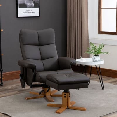 MEUNIQ Massagefauteuil met hocker 145° verstelbaar, 360° draaibaar, 10 massagepunten, kunstleer, bruine relaxfauteuil voor woonkamer en ontspanning