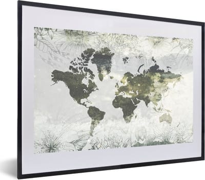 Poster in lijst - Fotolijst 60x40 cm - Posters - Wereldkaart - Bloemen - Geel - Posterlijst zwart - Decoratie - Wanddecoratie woonkamer - Muurdecoratie slaapkamer